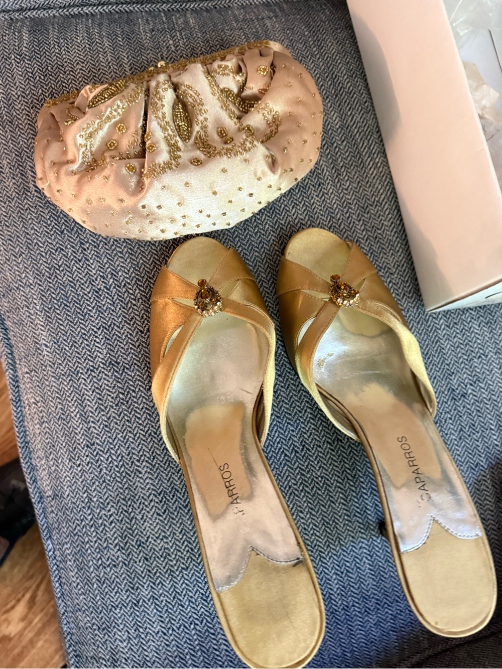 Worn once- shoes and purse- size 8.5-Caparros Gold Satin Slide Heels with Jewels